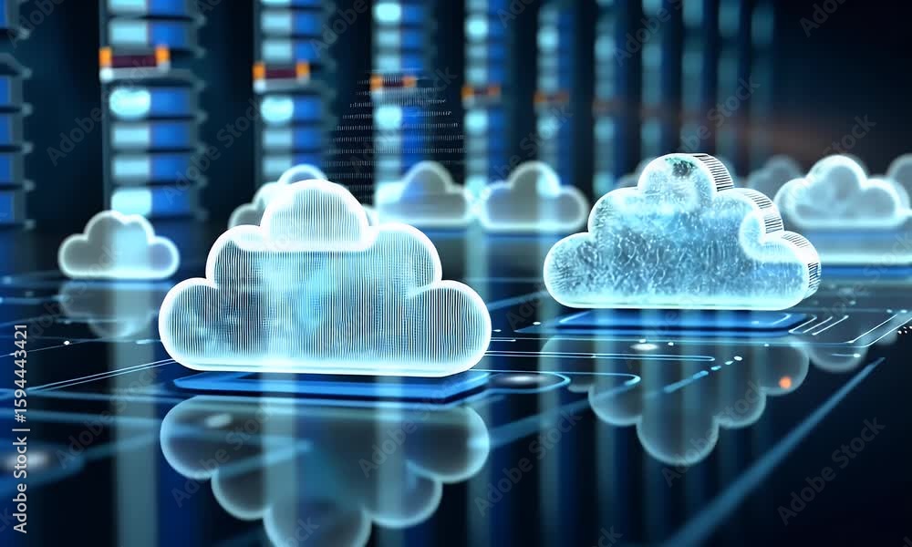 Poster a digital artwork depicting cloud computing technology with glowing clouds and devices connected to 