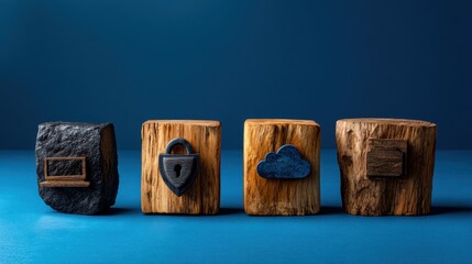 This creative image features wooden blocks, each symbolizing key digital concepts: a laptop, a padlock for security, a cloud for storage, and a data square.