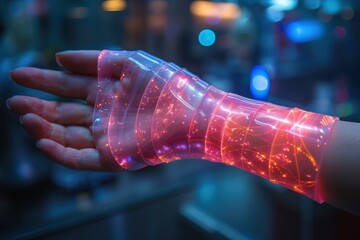 Futuristic glowing medical wrap on human arm technology healing