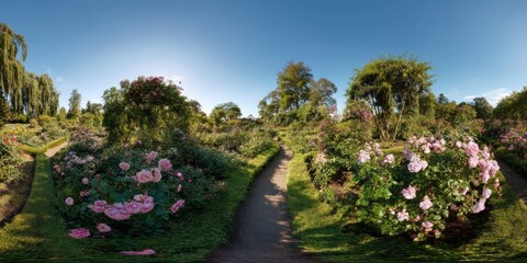 Obraz premium Panoramic 360 degrees hdr view of a beautiful flower garden in nature vibrant and lush environment