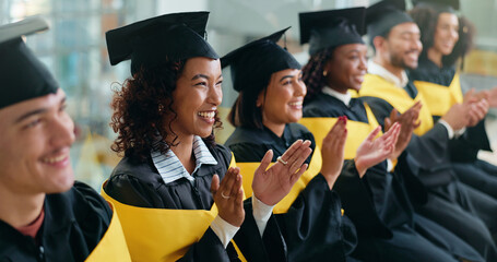 Happy people, students or graduation with applause in celebration for qualification or ceremony....