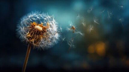 A beautifully captured dandelion in full bloom, its delicate seeds caught in a gentle breeze, symbolizing hope and the ephemeral nature of life.