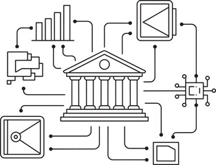 Modern Bank Fintech Network:  Data,  Technology, and Finance Integration Illustration