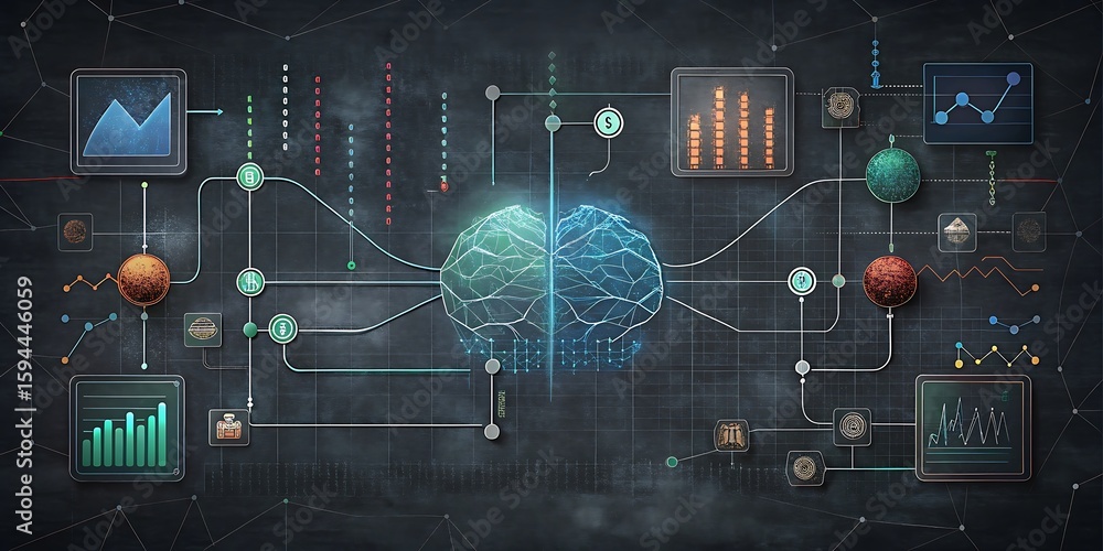 Poster a digital brain, illuminated by glowing circuits, connects to data charts and spheres, symbolizing a