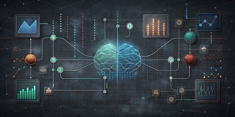 A digital brain, illuminated by glowing circuits, connects to data charts and spheres, symbolizing ai and analysis.