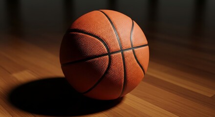 Obraz premium A single basketball rests on a wooden court, casting a shadow.