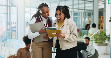 Tablet, friends and college students with surprise for test results or education achievement....