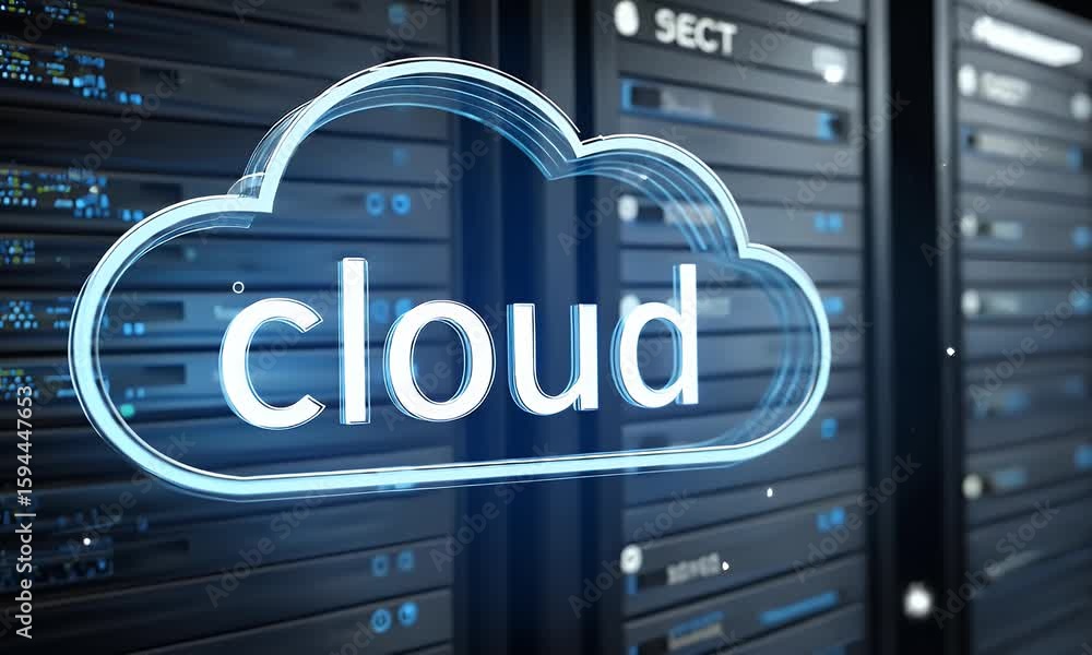 Poster a digital artwork depicting cloud computing technology with glowing clouds and devices connected to 
