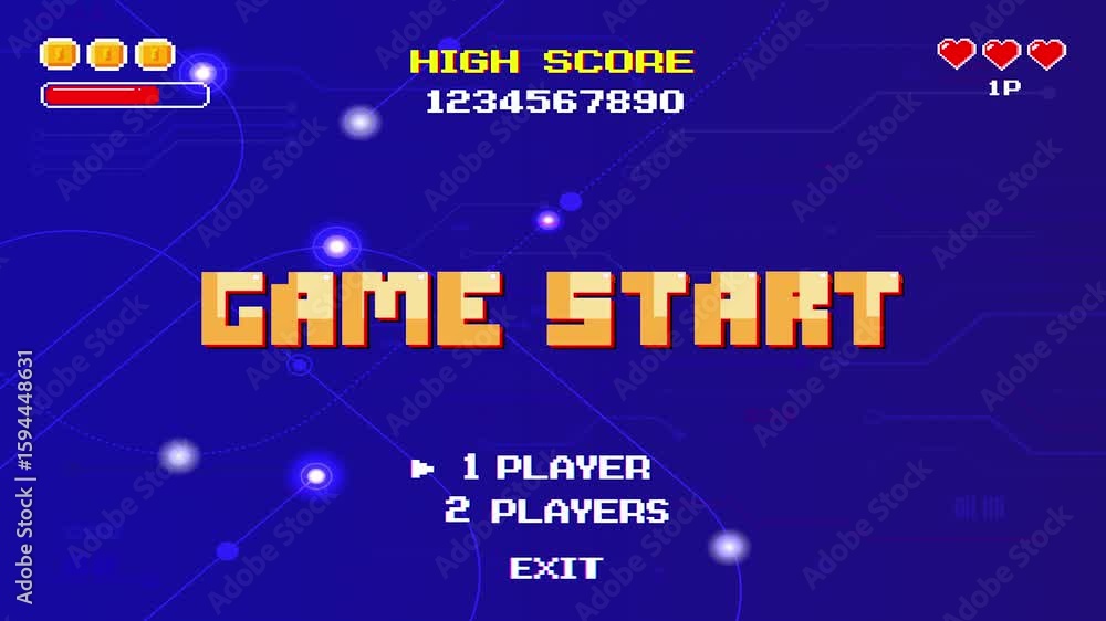 Poster game start. pixel art .8 bit game. retro video game. for game assets. retro futurism sci-fi backgrou