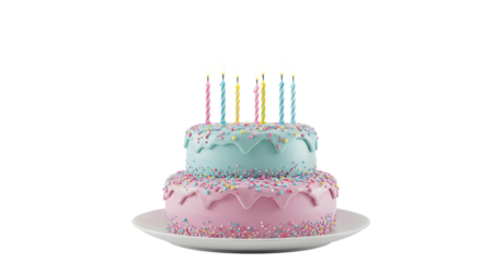 Delicious two tiered birthday cake adorned with colorful sprinkles and glowing candles, a sweet centerpiece for celebration with pink and light blue icing.