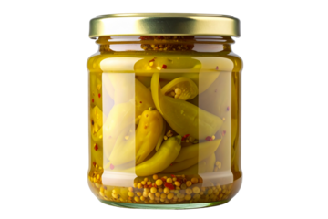 Green Chili Pickle in Glass Jar with Oil Shine, Isolated on Transparent Background