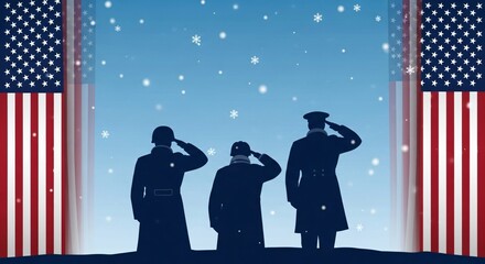 Veterans Day tribute with saluting soldiers silhouette & American flags. Ideal for honoring military personnel, memorial events, and patriotic commemorations. Winter themed.