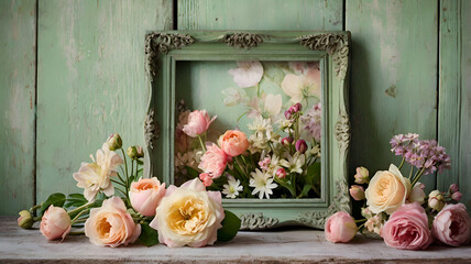 Floral arrangements of roses and various blossoms grace windows, gardens, and wooden boxes, celebrating love, nature, and beauty