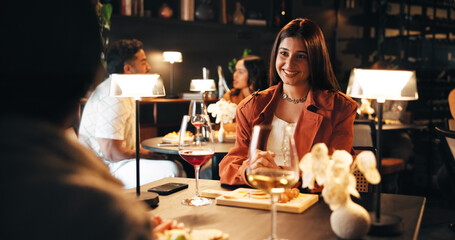 Smile, date and relax with woman in restaurant for romantic anniversary, bonding and fine dining...
