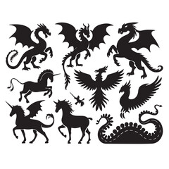 Collection of mythical creatures silhouettes including dragons unicorns and phoenixes in black and white