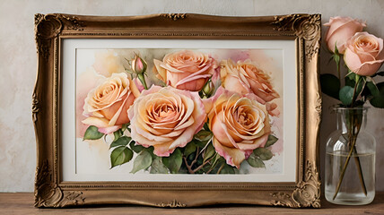 Beautiful vintage photo frame with a pink rose bouquet, perfect for a romantic wedding or anniversary