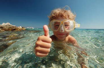 Fototapeta premium Child snorkeling, thumbs up (1)