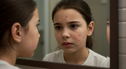 Upset Young Girl Looking at Her Acne-Prone Face in Mirror