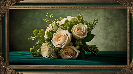 A romantic vintage background featuring a bouquet of pink roses within a decorative frame, perfect for weddings and anniversaries