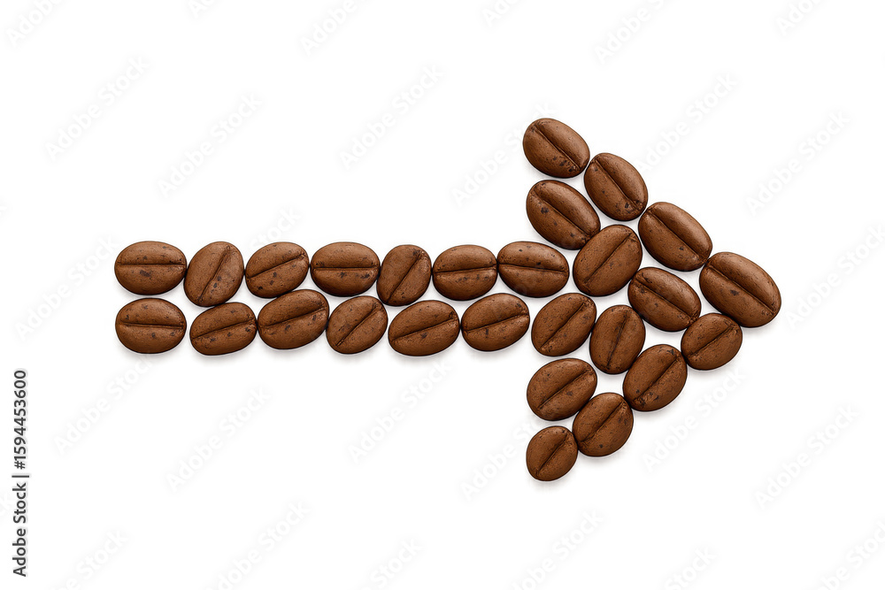 Poster roasted coffee beans arranged in the shape of an arrow pointing to the right, isolated on a transpar