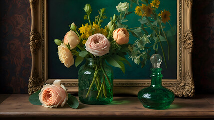 Vibrant still life of a blooming rose bouquet with a glowing candle, perfect for celebrating love and nature's beauty
