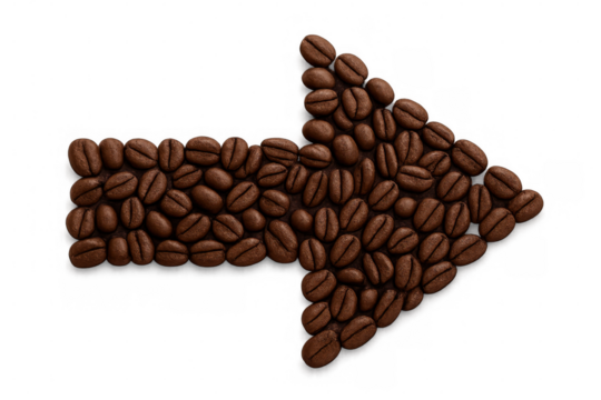 Coffee beans arranged pointing rightward against transparent backdrop, symbolizing directional brewing concept