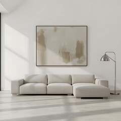 The minimalist living room interior features a modular sofa artwork and a floor lamp.