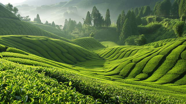 Serene tea plantation landscape with lush green hills and morning mist