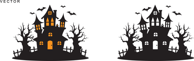 Haunted halloween house at glowing moon and dead trees, bats silhouette vector illustration