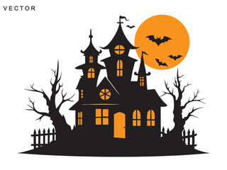 Haunted halloween house at glowing moon and dead trees, bats silhouette vector illustration