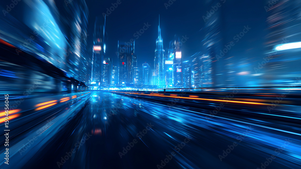 Wall mural 3d rendering of warp speed in hyper loop with blur light from buildings' lights in mega city at nigh