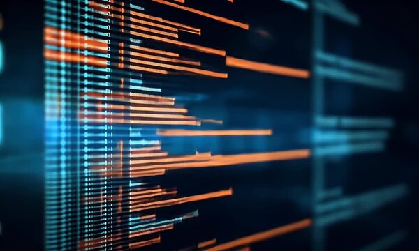 Computer code-inspired art background, with a blue color theme, a computer screen, and a software development and coding concept.