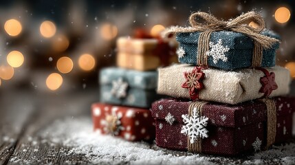 Stack of christmas presents with snowflakes and bokeh lights