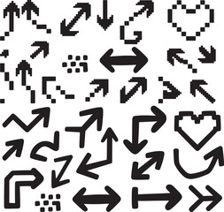Pixel Arrow Set  Curved, Wavy and Spiral Arrows in Pixelated Vector Style with Transparent Background