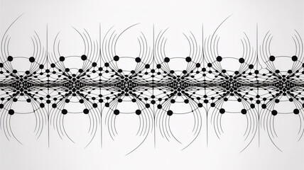 A black and white geometric pattern of interconnected dots and flowing curved lines in symmetry