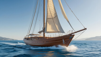 Fototapeta premium A beautiful yacht and sailing boat glide across the summer sea under a clear sky