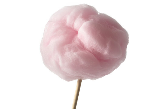 Fluffy pink spun sugar candy floss on a wooden stick isolated on transparent background