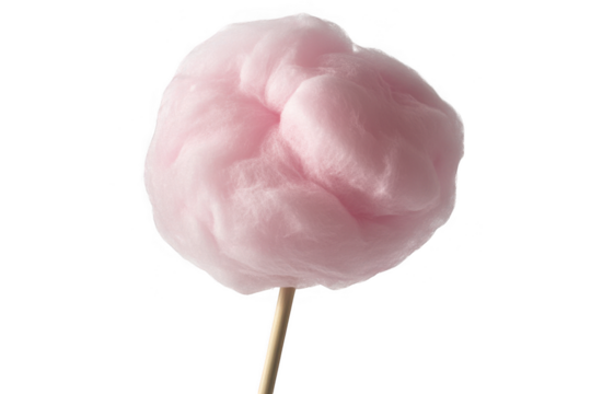 Fluffy pink spun sugar candy floss on a wooden stick isolated on transparent background