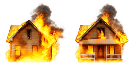 set of house engulfed in flames with smoke billowi isolated on white background PNG, AI GENERATED