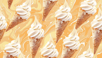 seamless pattern with soft serve vanilla ice cream cones on abstract background