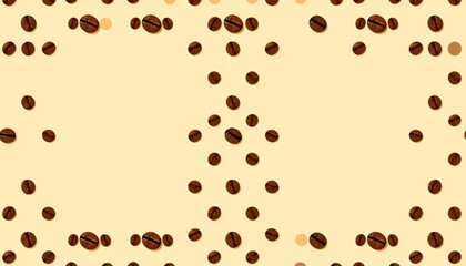 Obraz premium A decorative border of roasted coffee beans frames a soft, creamy yellow background, creating a warm and inviting space for text