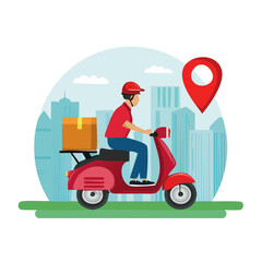 Speedy Delivery Service: A dynamic illustration of a delivery person on a vibrant red scooter, navigating city streets with a parcel box, highlighting swiftness and efficiency.