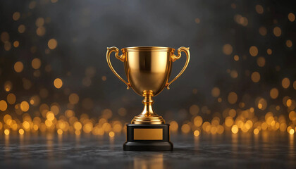 golden trophy with blank nameplate on dark and gold bokeh celebration background.