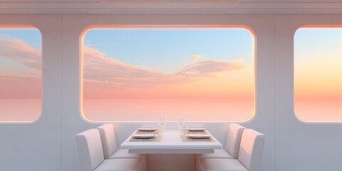 A cozy dining area on a train with a scenic sunset sky visible through large windows.