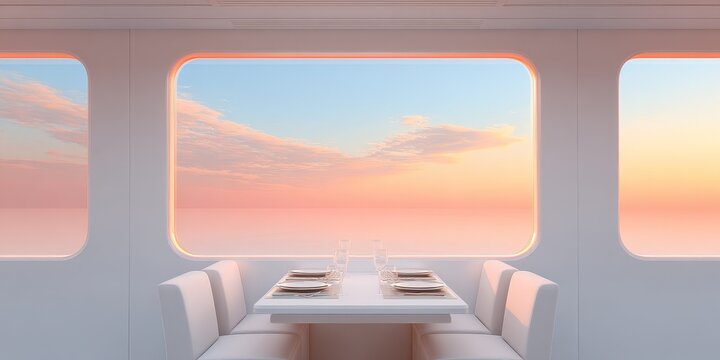 A cozy dining area on a train with a scenic sunset sky visible through large windows.