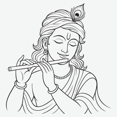 Young man playing flute with peacock feather Krishna