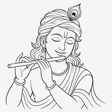 krishna playing flute black and white clip art preview