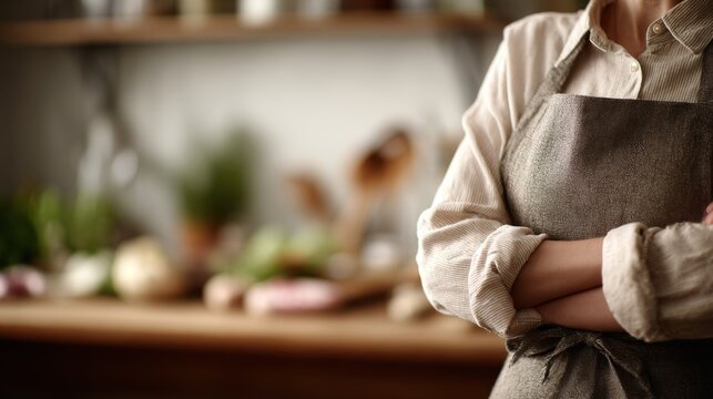 Woman wearing a linen apron in a kitchen with blurred background of vegetables and herbs