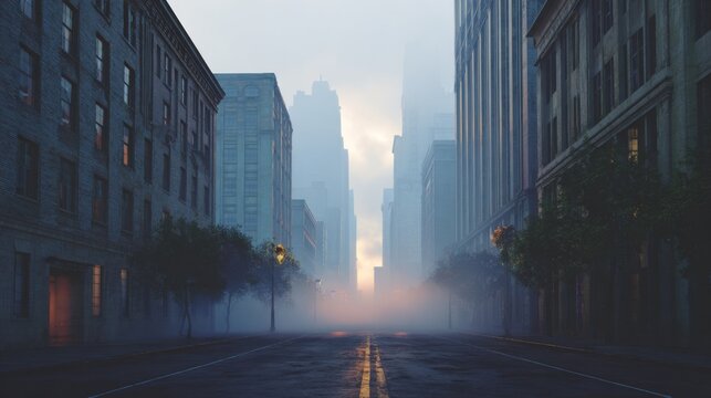 Foggy city street scene at dawn tall buildings line a misty road Urban