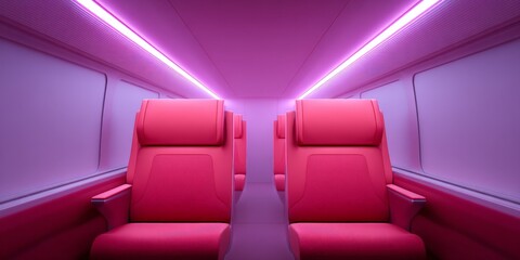 Fototapeta premium Interior of a futuristic vehicle or cabin with vibrant pink seats and purple ambient lighting, showcasing a modern and sleek design.